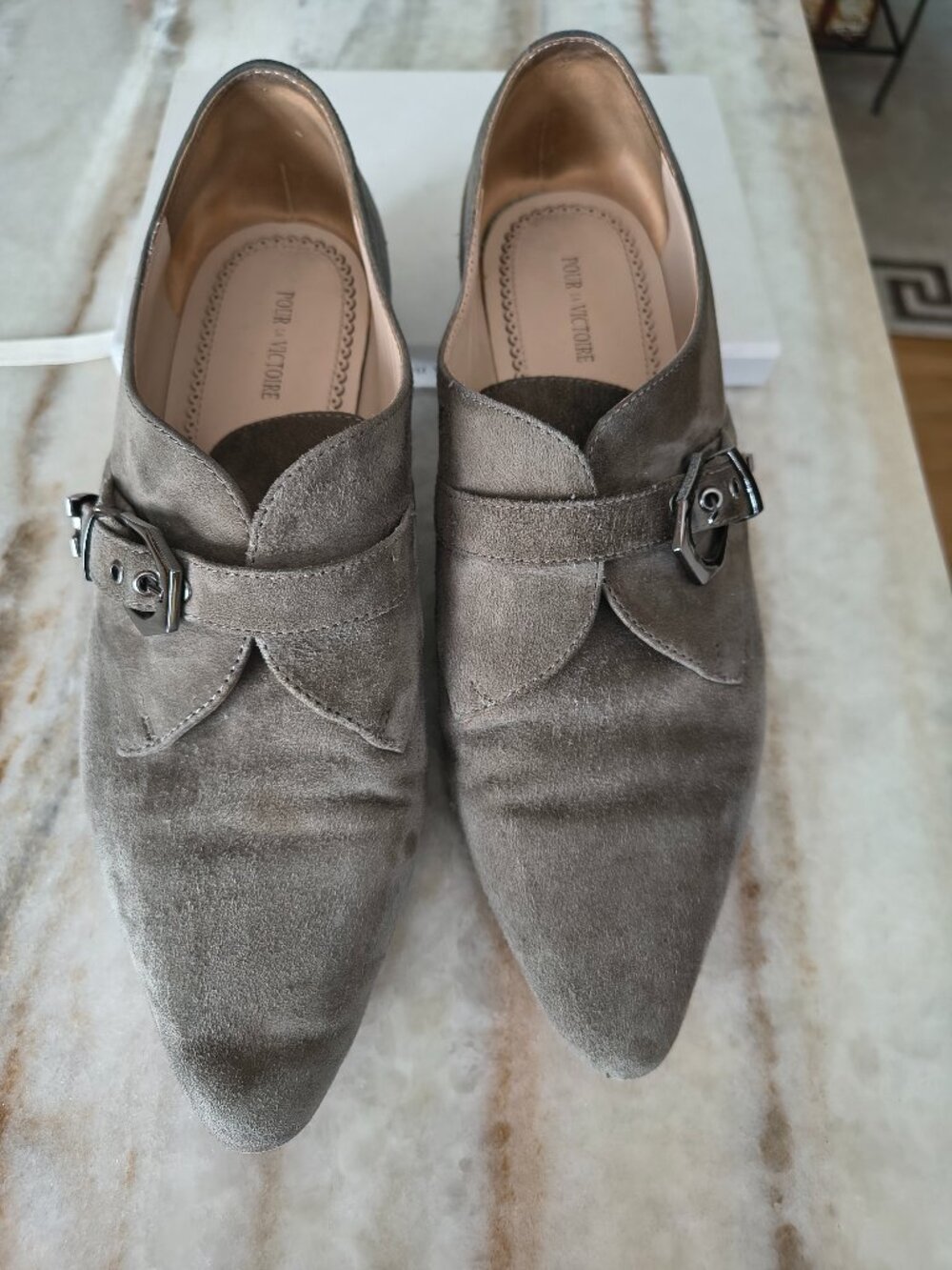 Pour La Victoir women's gray suede monk strap shoe size 7.5